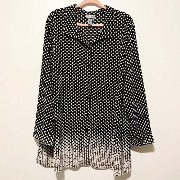 Catherines Womens Button Up Blouse Size 3X Black Geometric Artsy Eclectic Office - Picture 1 of 7